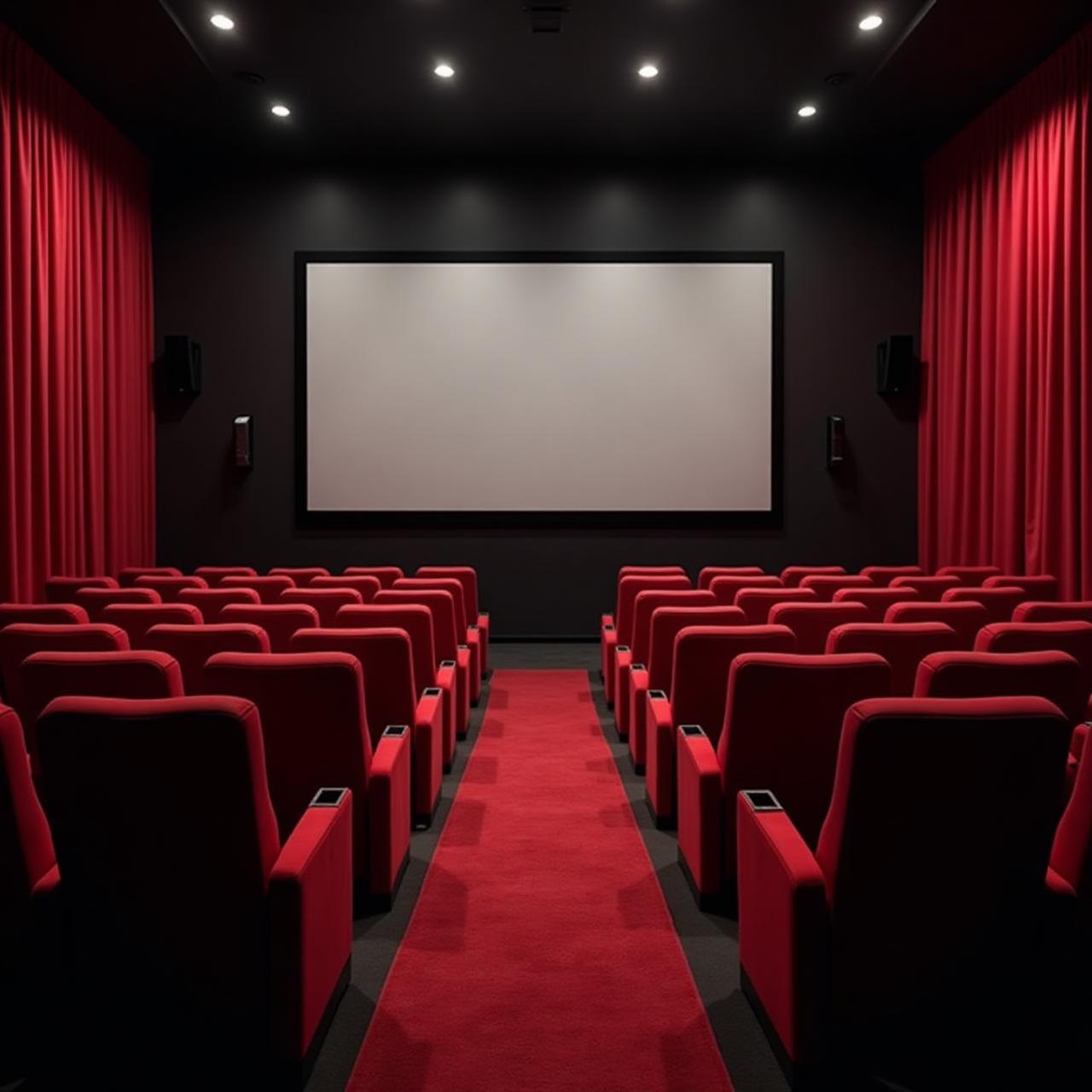 Movie theater premiere with red seats and screen