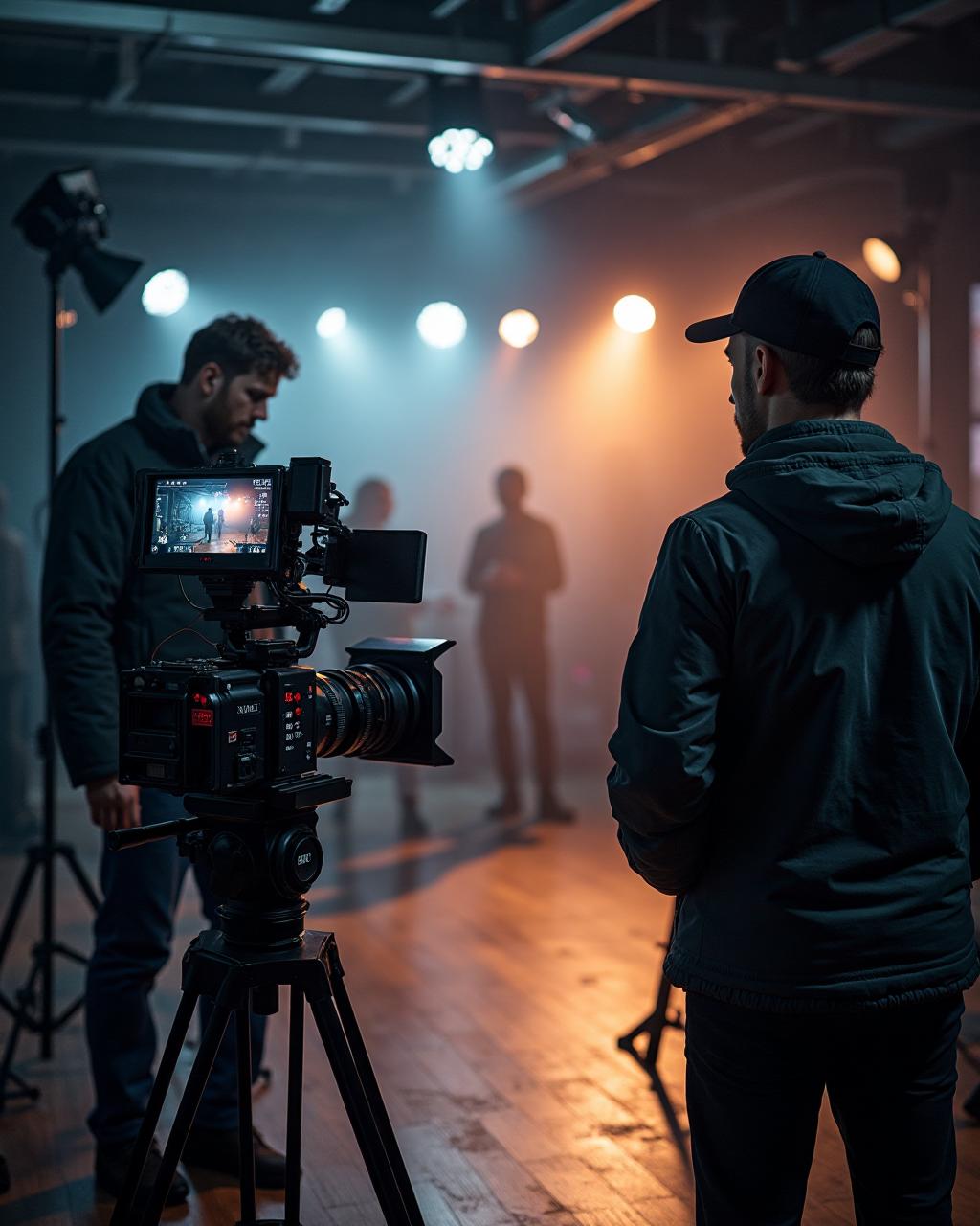 Professional film production with cinema camera and crew