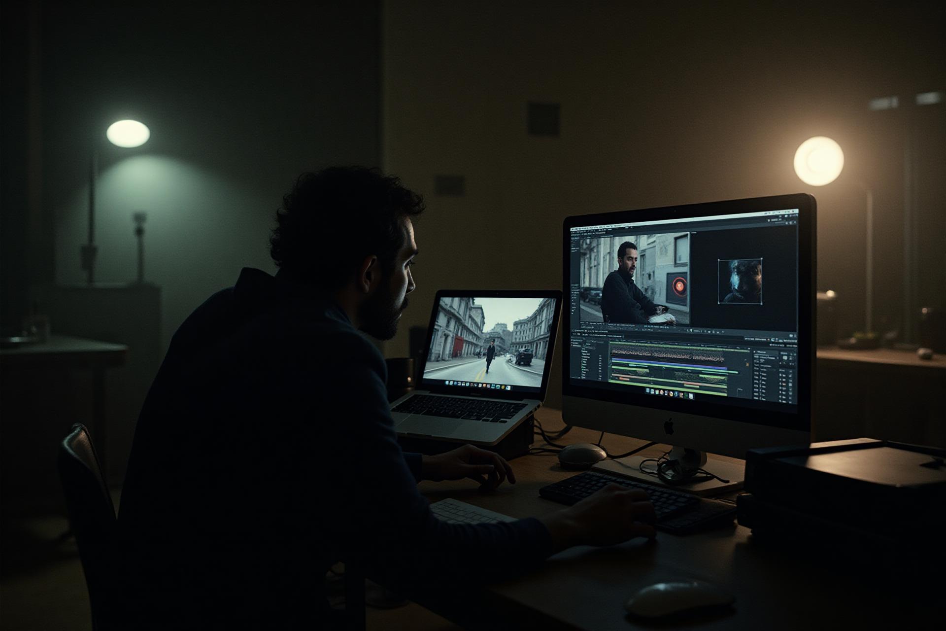 Filmmaker editing footage in professional color grading suite