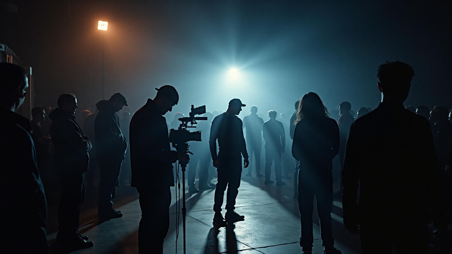 Film production crew on set with cinematic lighting